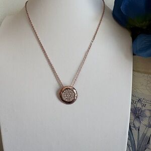 Spring Street Rose Gold Circle Rhinestone Pendant Necklace NWOT